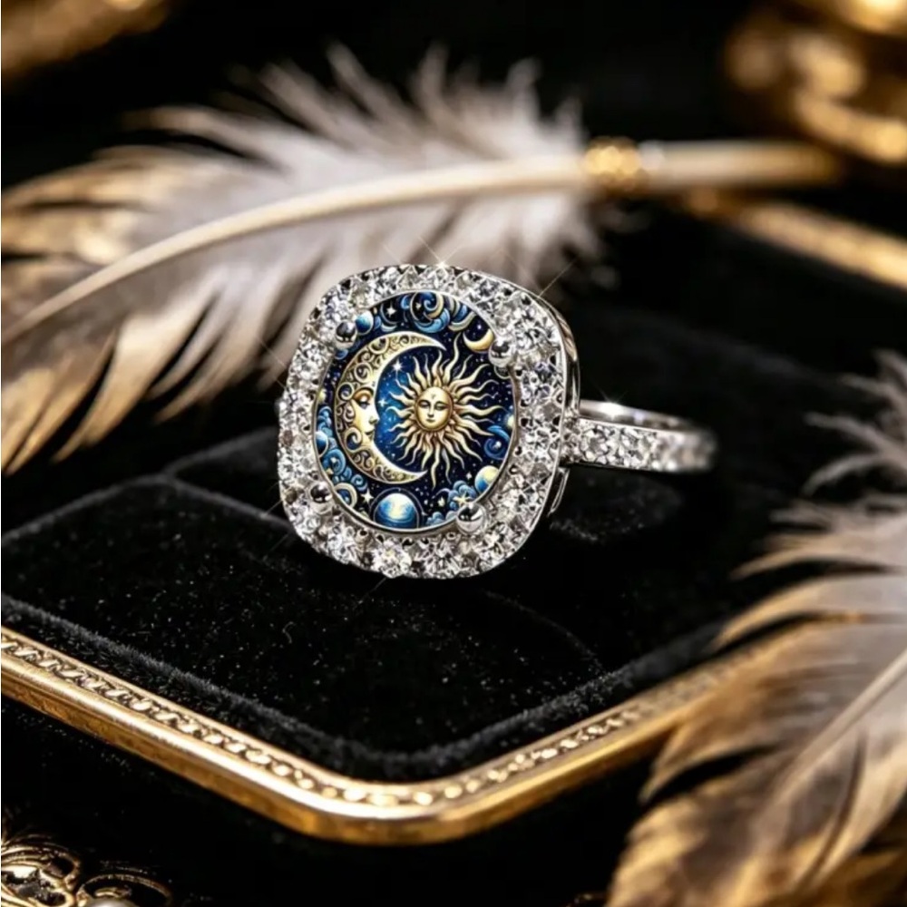 Celestial Sun & Moon Blue Enamel Ring with Crystal Halo